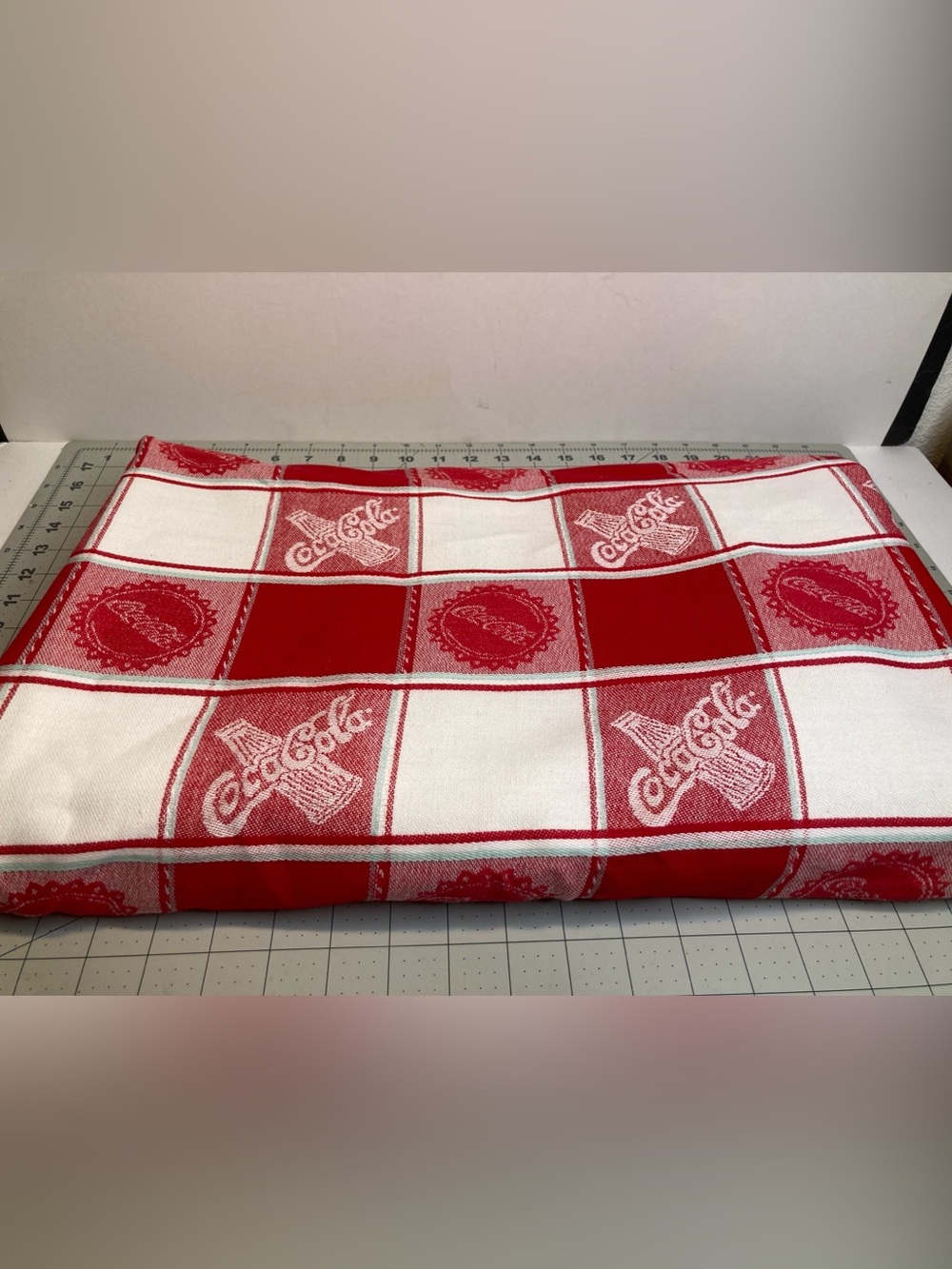 4 Yards Vintage Coca-Cola Hand Loomed Fabric Red White Checkered Green Stripe